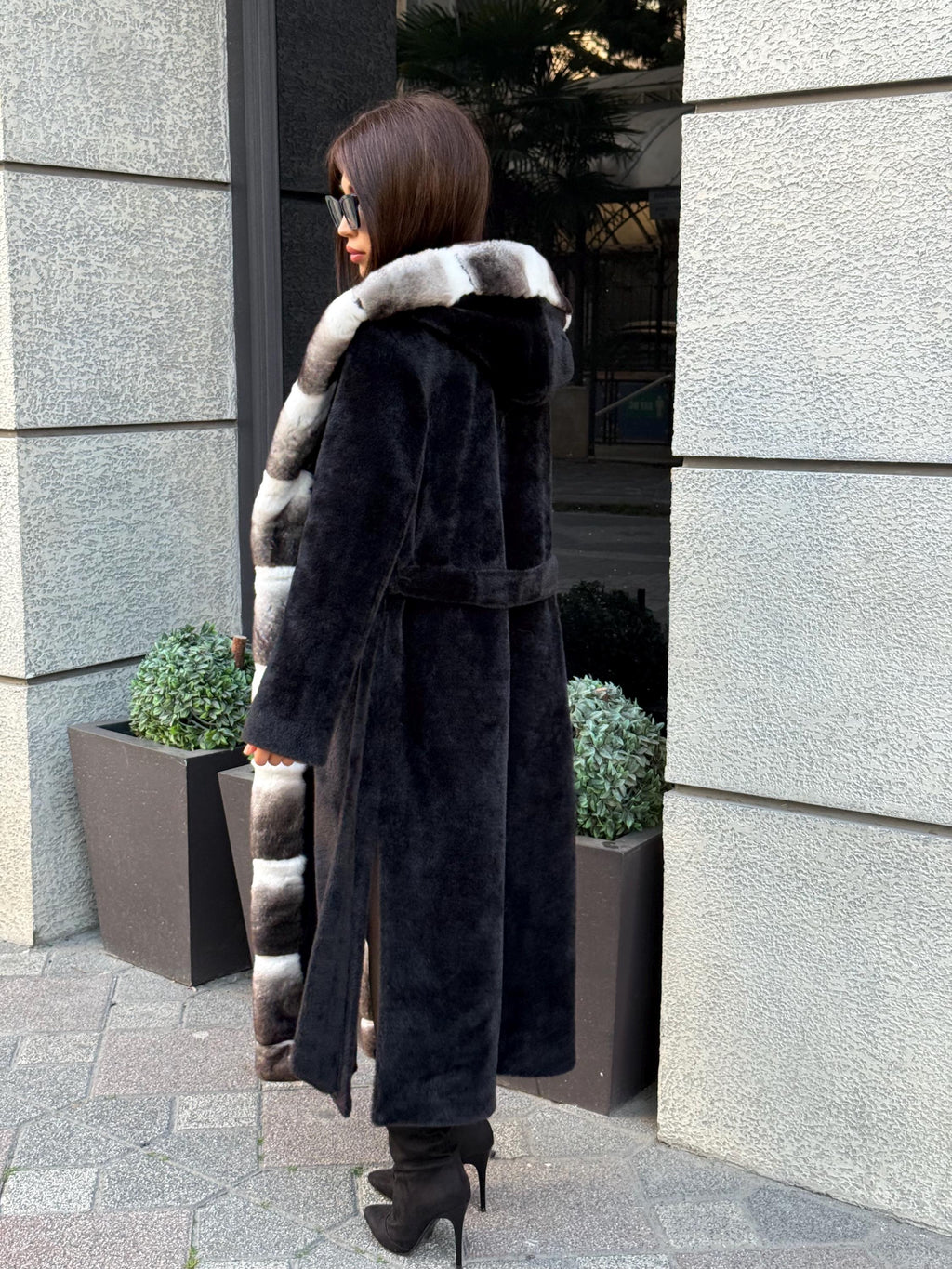 Black Long Hooded Alcantara Coat , Luxury Women’s Hooded Orylag Rex Fur Jacket