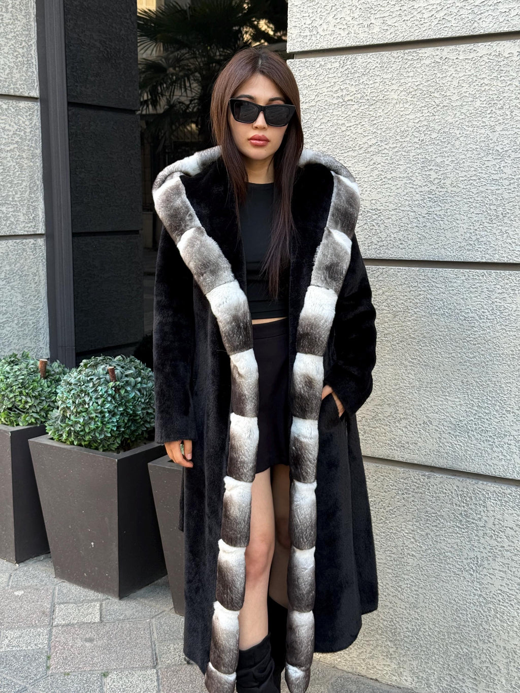Black Long Hooded Alcantara Coat , Luxury Women’s Hooded Orylag Rex Fur Jacket