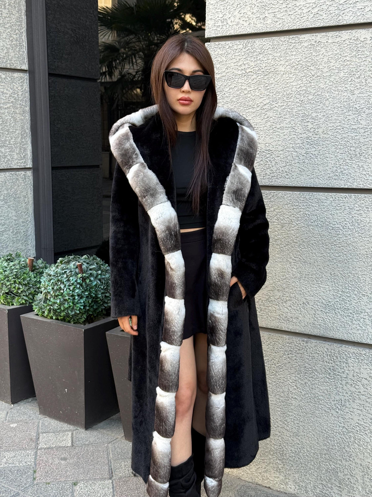 Black Long Hooded Alcantara Coat , Luxury Women’s Hooded Orylag Rex Fur Jacket