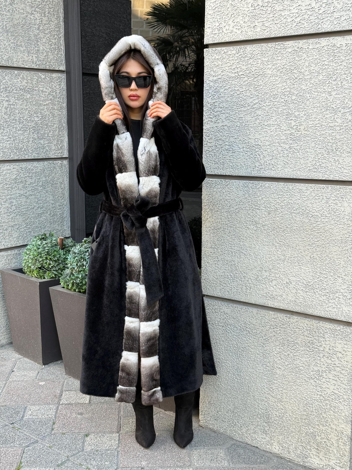 Black Long Hooded Alcantara Coat , Luxury Women’s Hooded Orylag Rex Fur Jacket