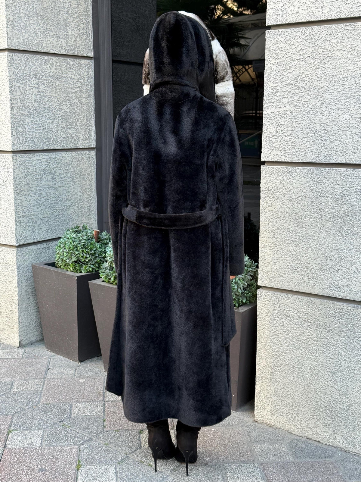 Black Long Hooded Alcantara Coat , Luxury Women’s Hooded Orylag Rex Fur Jacket