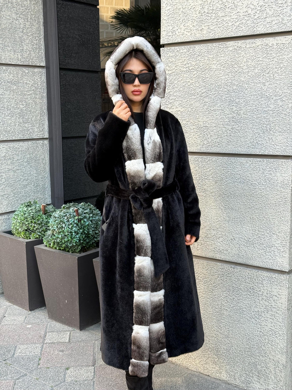 Black Long Hooded Alcantara Coat , Luxury Women’s Hooded Orylag Rex Fur Jacket