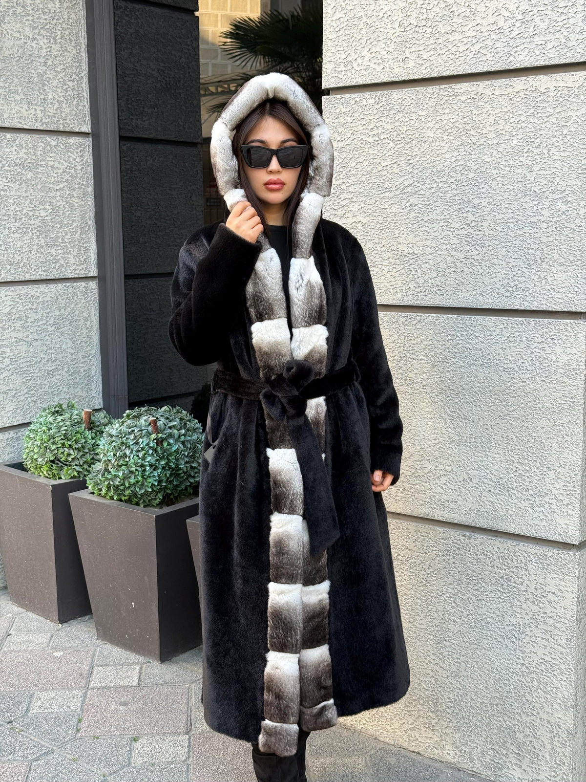 Black Long Hooded Alcantara Coat , Luxury Women’s Hooded Orylag Rex Fur Jacket
