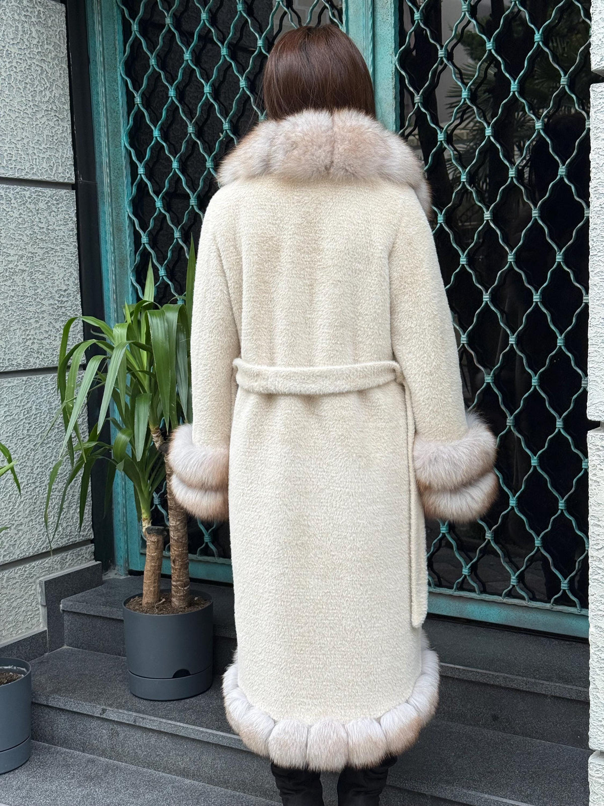 Beige Long Alcantara Coat, Front&Cuffs Fox Fur Jacket./ Women Fox Fur Jacket./ Long Fox Fur Coat./ Fox Fur