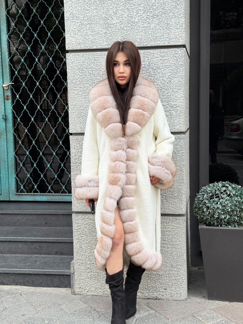 Long Ivory White Alcantara Coat. Front & Cuffs Fox Fur Jacket. Fox Fur Trim Coat