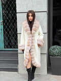 Long Ivory White Alcantara Coat. Front & Cuffs Fox Fur Jacket. Fox Fur Trim Coat