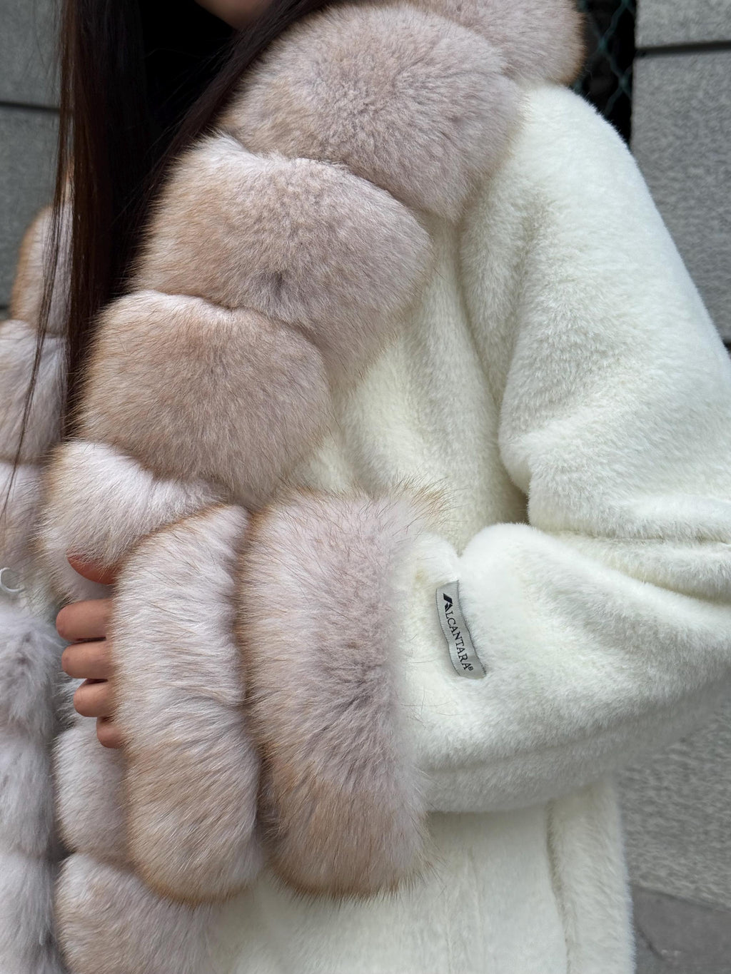 Long Ivory White Alcantara Coat. Front & Cuffs Fox Fur Jacket. Fox Fur Trim Coat