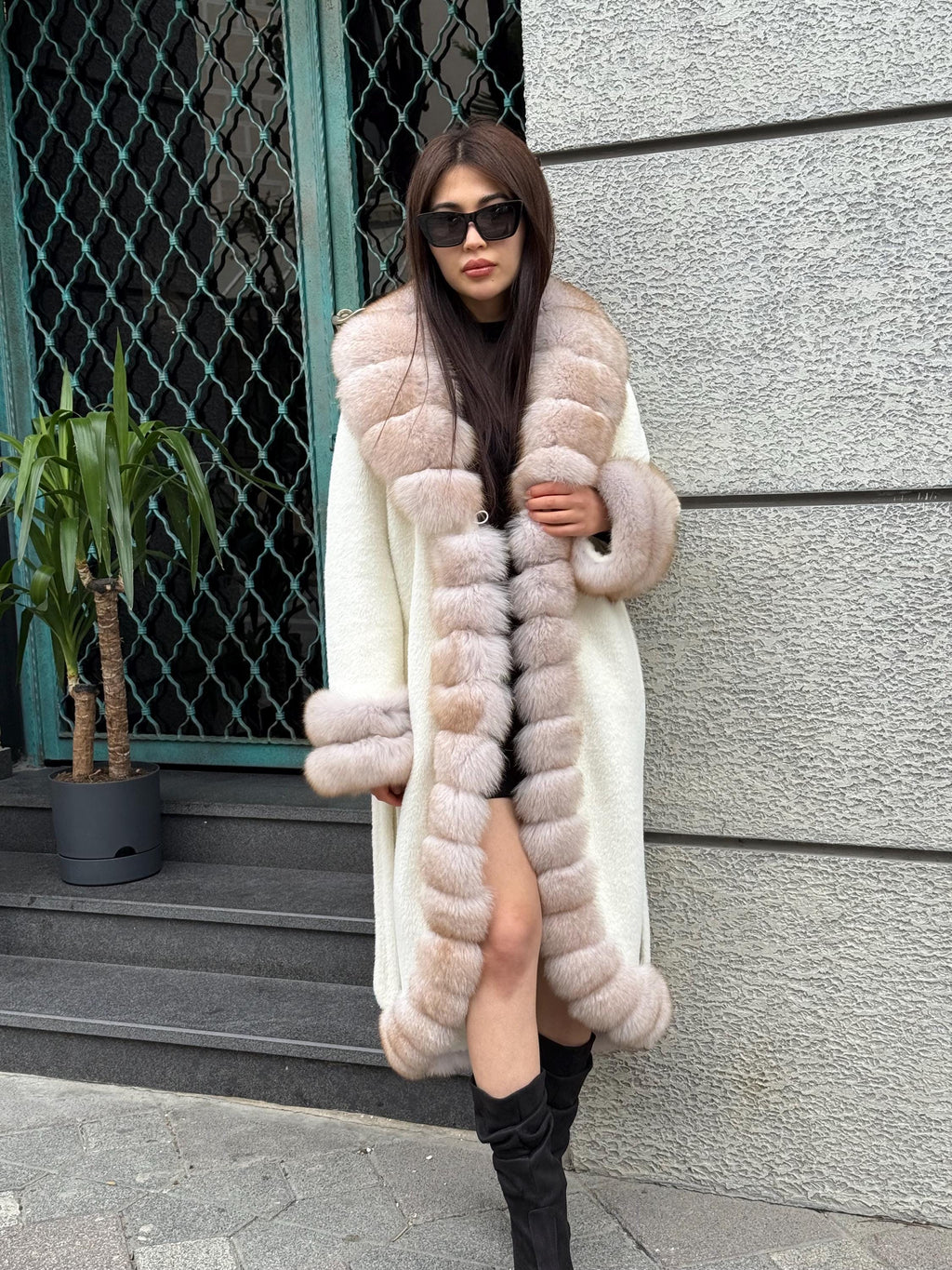Long Ivory White Alcantara Coat. Front & Cuffs Fox Fur Jacket. Fox Fur Trim Coat