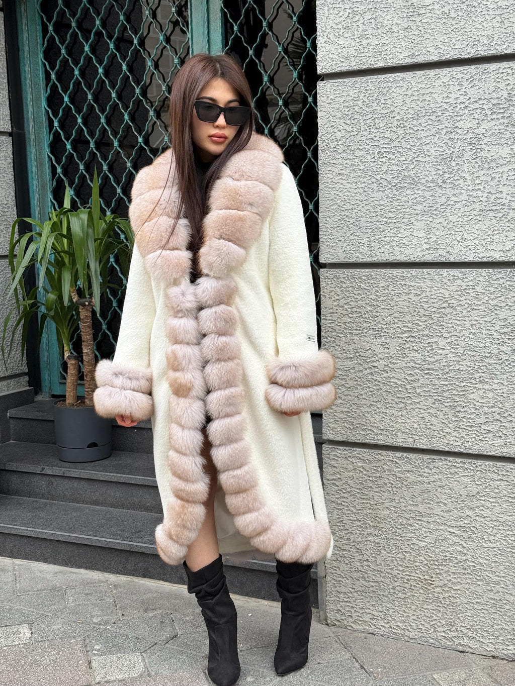 Long Ivory White Alcantara Coat. Front & Cuffs Fox Fur Jacket. Fox Fur Trim Coat