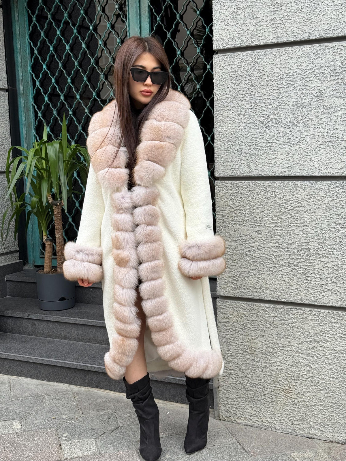 Long Ivory White Alcantara Coat. Front & Cuffs Fox Fur Jacket. Fox Fur Trim Coat