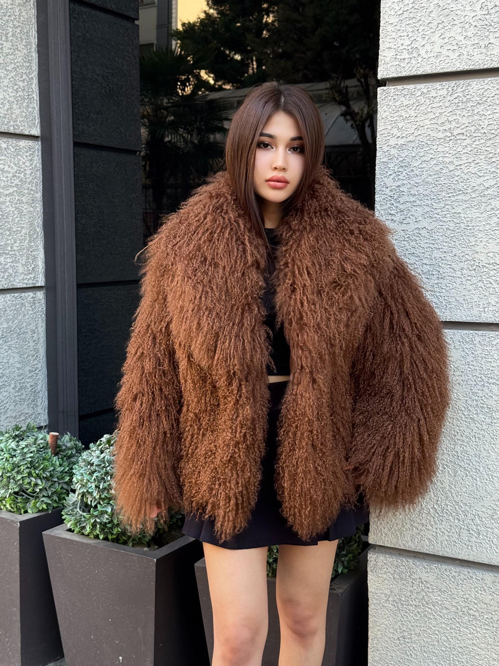 Women’s Brown Tibetan Fur Coat, Handmade Short Shaggy Mongolian Lamb Fur Jacket