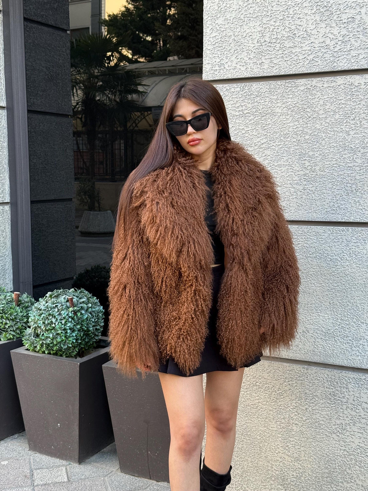 Women’s Brown Tibetan Fur Coat, Handmade Short Shaggy Mongolian Lamb Fur Jacket