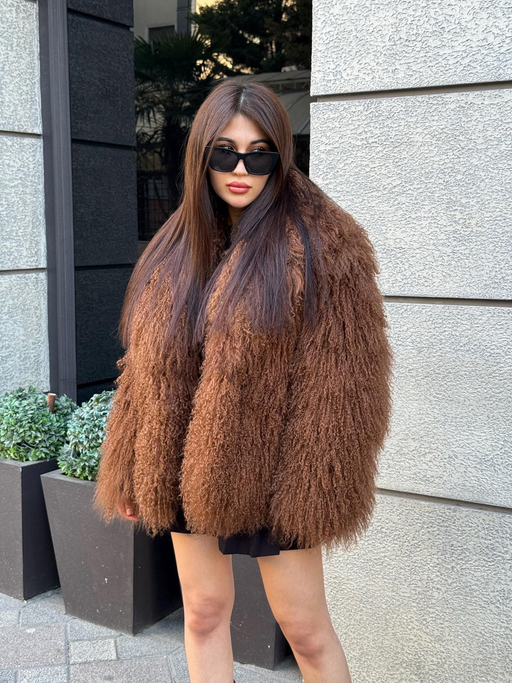 Women’s Brown Tibetan Fur Coat, Handmade Short Shaggy Mongolian Lamb Fur Jacket