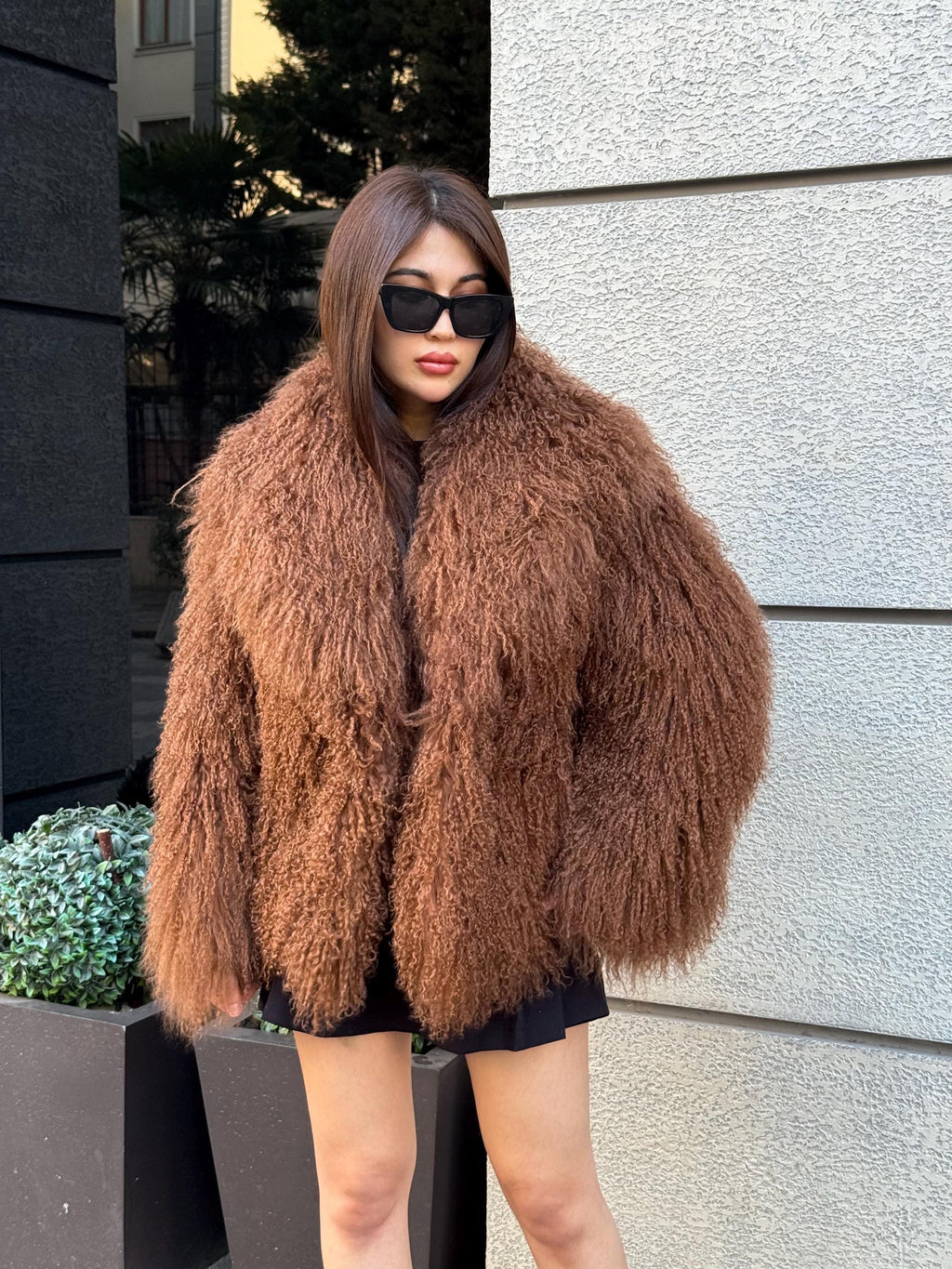Women’s Brown Tibetan Fur Coat, Handmade Short Shaggy Mongolian Lamb Fur Jacket