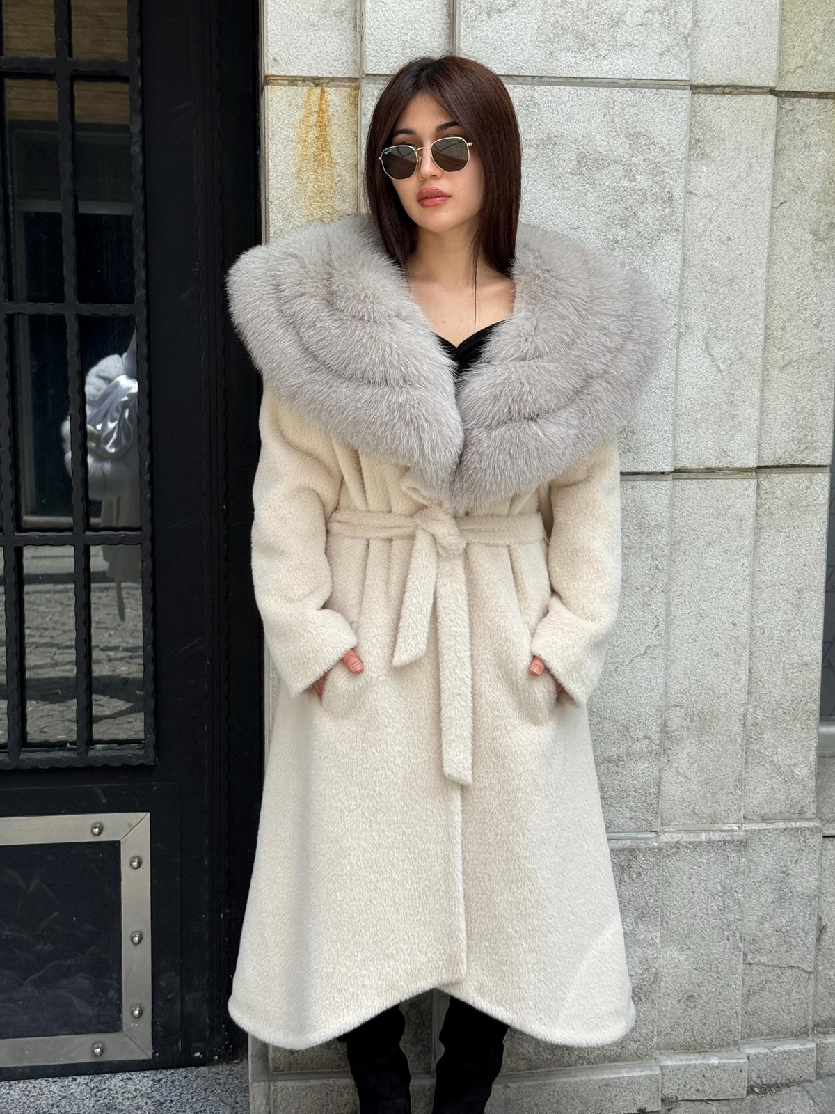 Beige Alcantara Coat, Collar Fox Fur Jacket, Flared Coat.— Beige Fox Fur.. Fox Fur