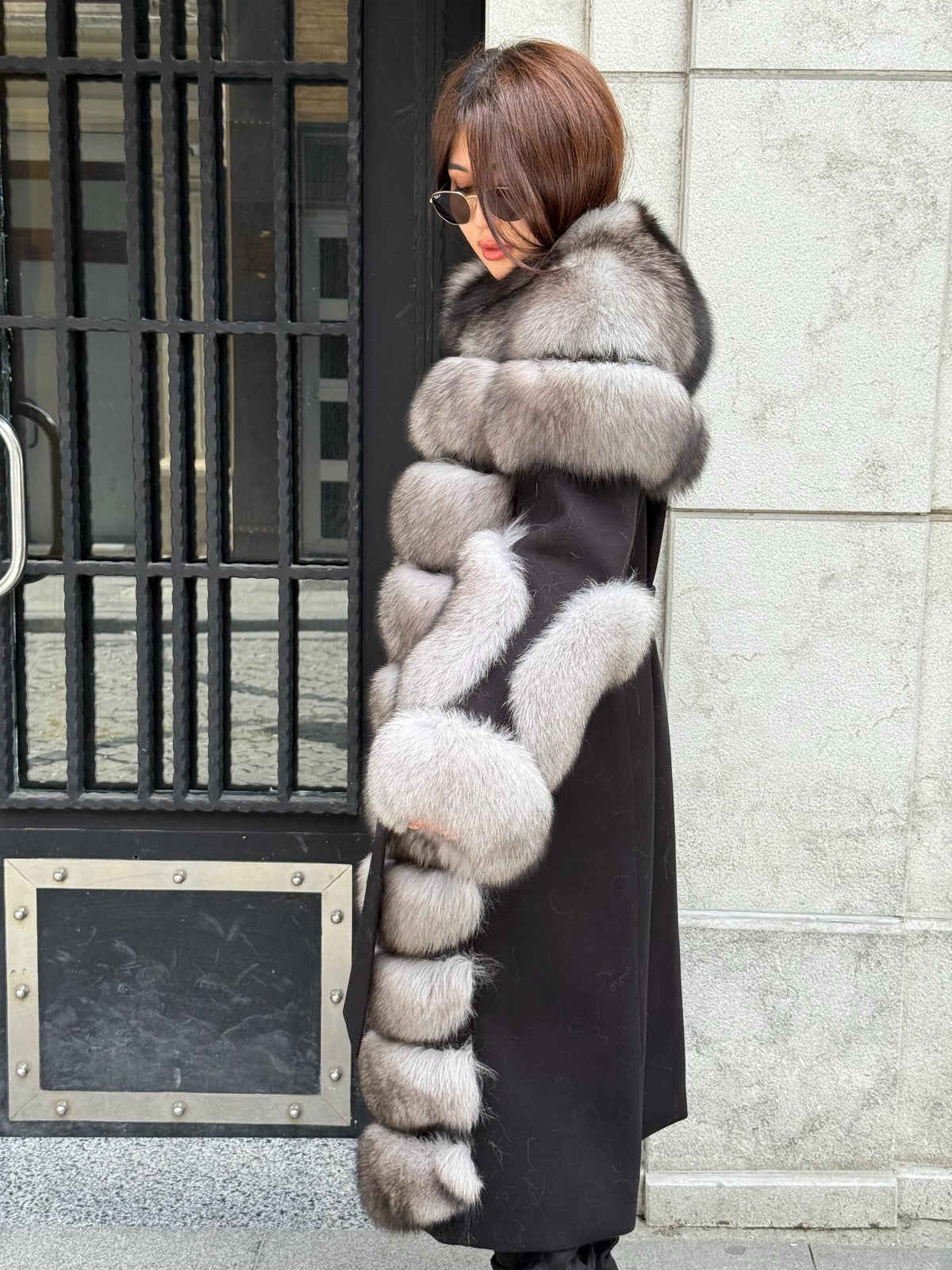 Long Gray Fox Fur Jacket, Black Cashmere Coat.- Women Fox Fur Jacket..- Front Fox Fur Coat… Fox Fur