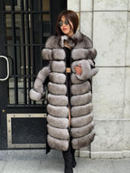 Long Gray Fox Fur Jacket, Black Cashmere Coat.- Women Fox Fur Jacket..- Front Fox Fur Coat… Fox Fur