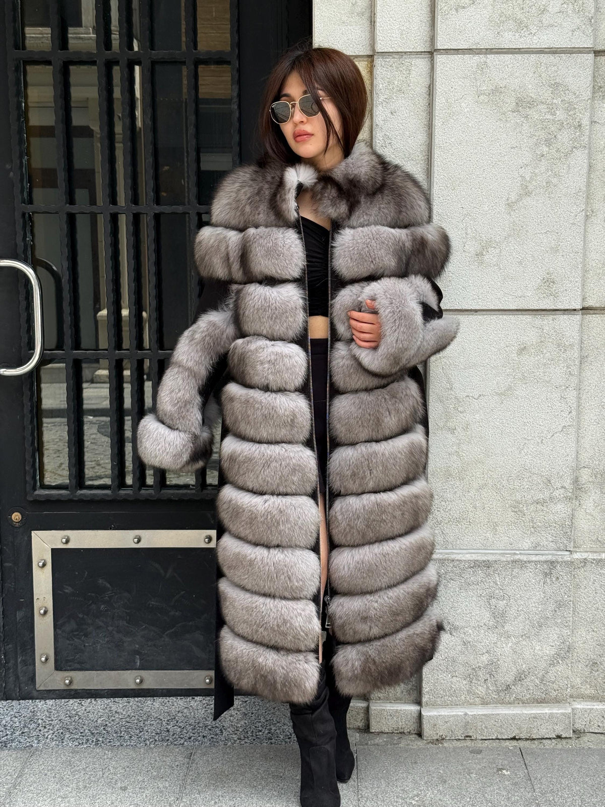 Long Gray Fox Fur Jacket, Black Cashmere Coat.- Women Fox Fur Jacket..- Front Fox Fur Coat… Fox Fur