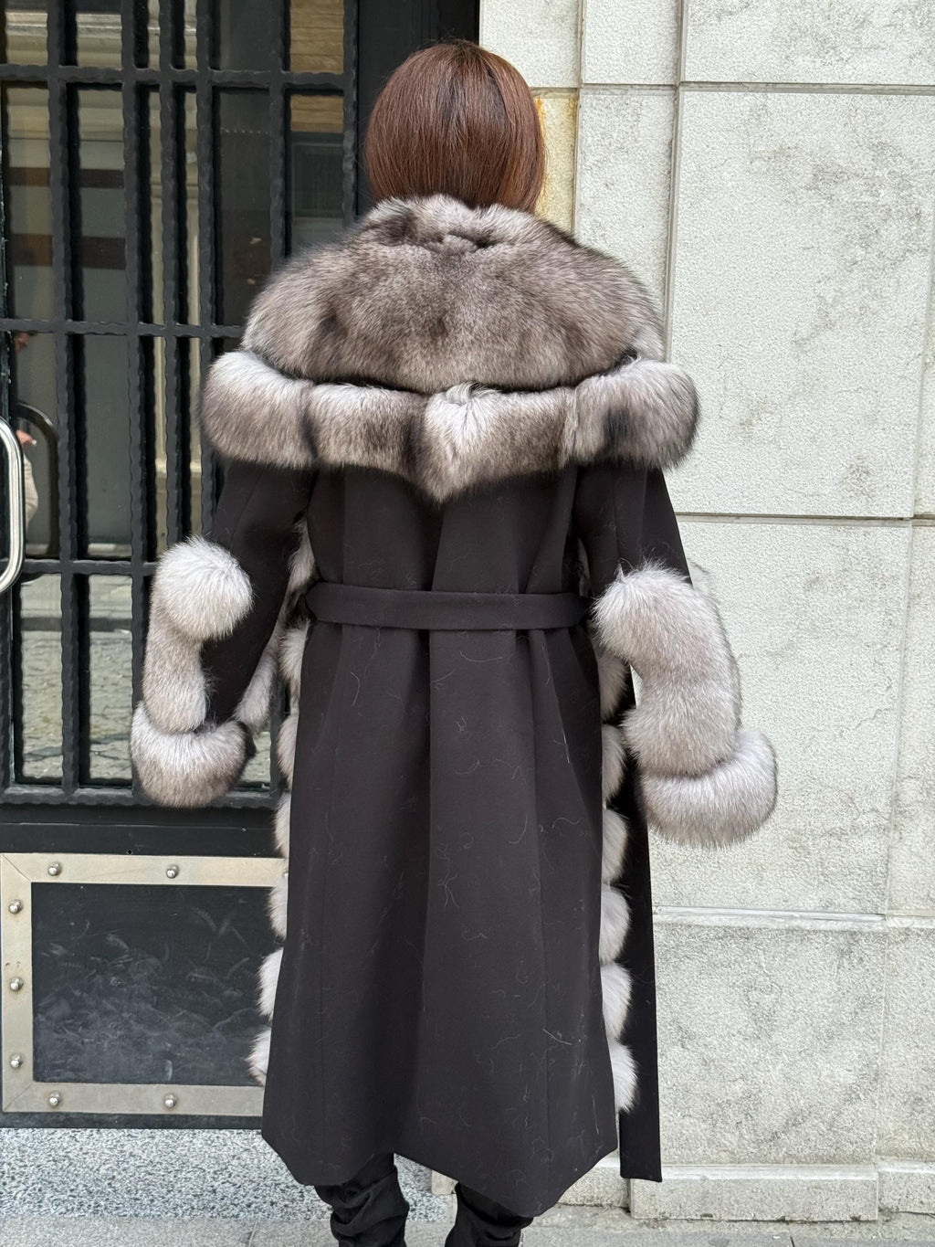 Long Gray Fox Fur Jacket, Black Cashmere Coat.- Women Fox Fur Jacket..- Front Fox Fur Coat… Fox Fur