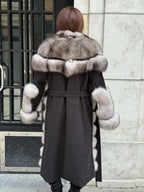 Long Gray Fox Fur Jacket, Black Cashmere Coat.- Women Fox Fur Jacket..- Front Fox Fur Coat… Fox Fur
