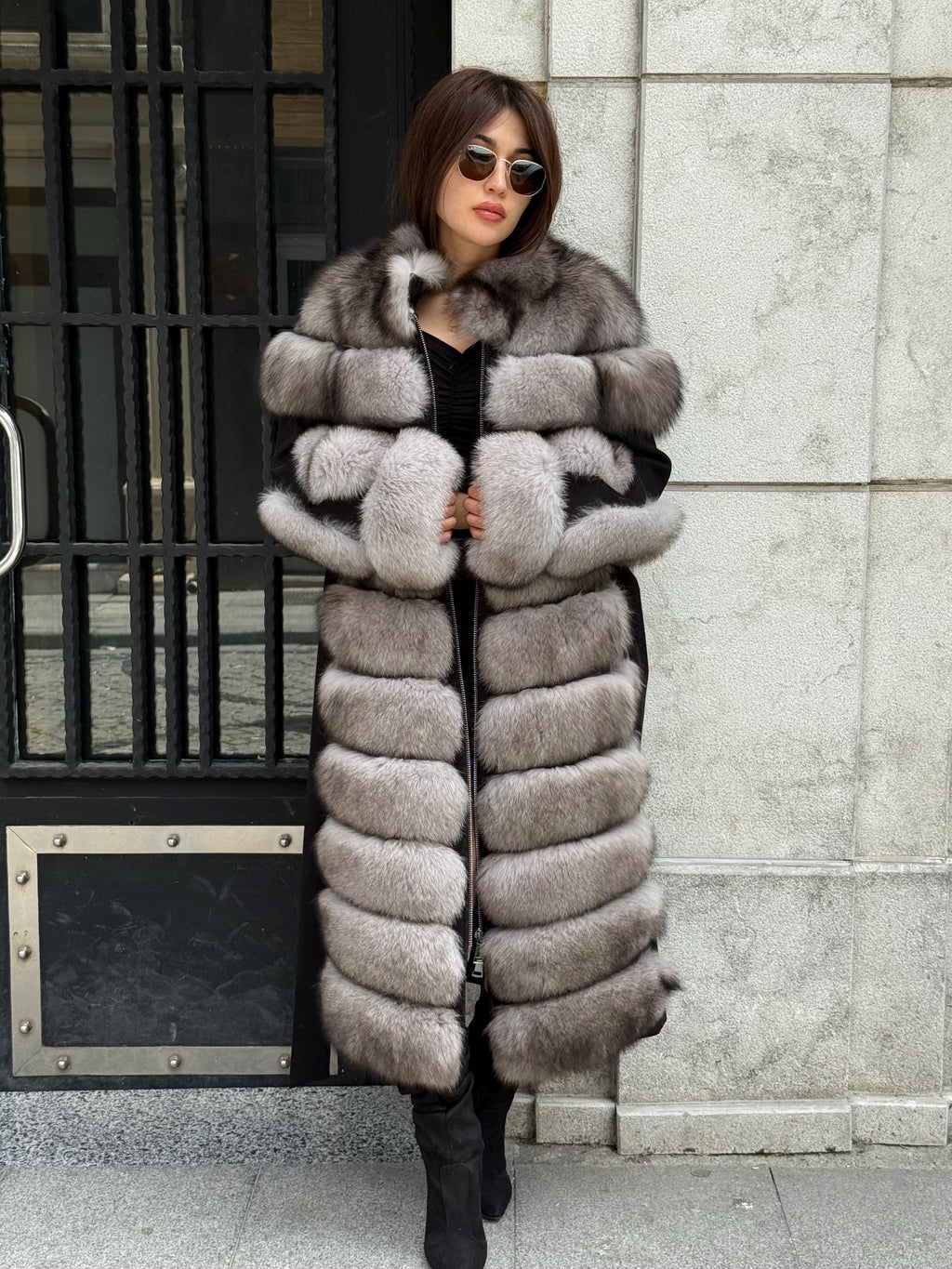 Long Gray Fox Fur Jacket, Black Cashmere Coat.- Women Fox Fur Jacket..- Front Fox Fur Coat… Fox Fur