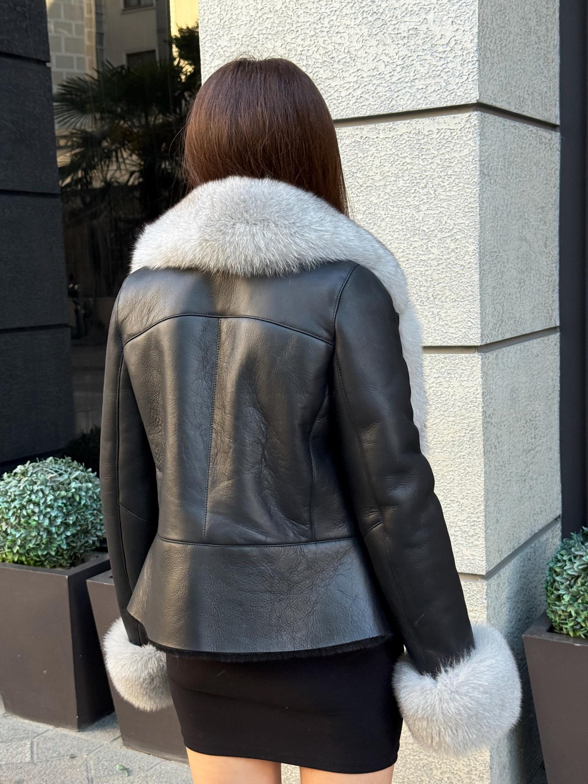 Black Shearling Coat Women, Short Handmade Front Fox Fur Jacket, Winter Lamb Fur Coat