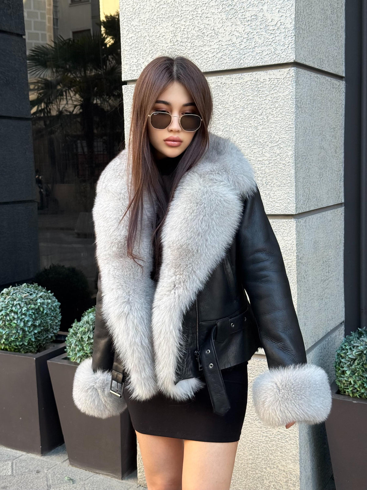 Black Shearling Coat Women, Short Handmade Front Fox Fur Jacket, Winter Lamb Fur Coat