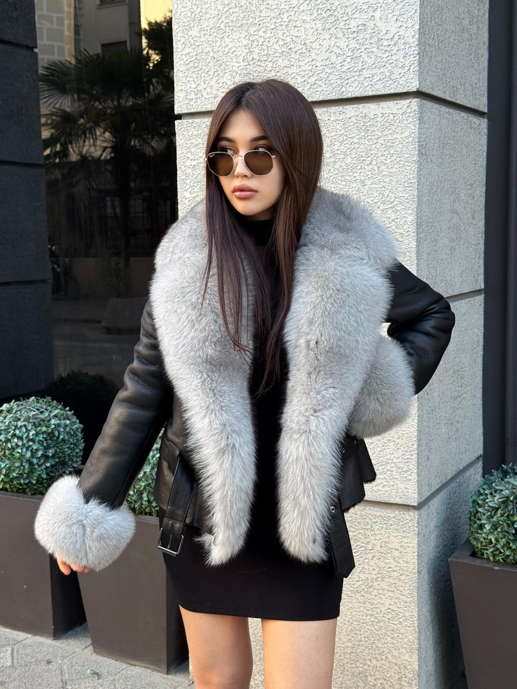 Black Shearling Coat Women, Short Handmade Front Fox Fur Jacket, Winter Lamb Fur Coat