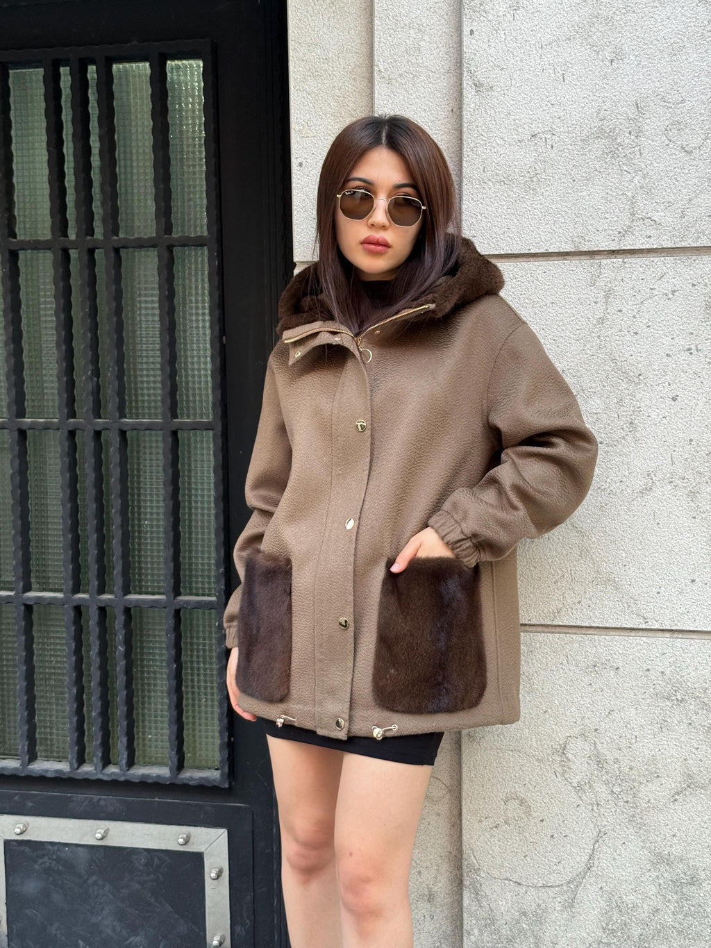 Mause Women’s Zibellino Alpaca Jacket, Handmade Hood Pocket Mink Fur Trim Virgin Wool Coat