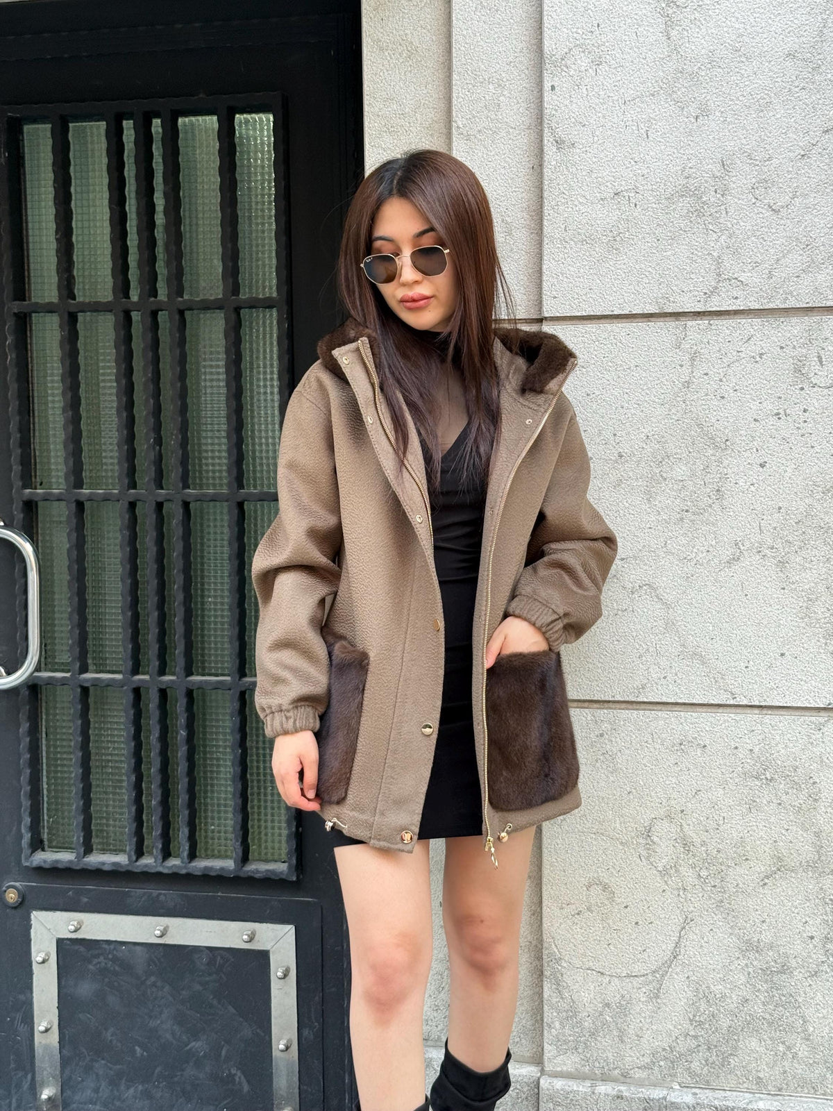 Mause Women’s Zibellino Alpaca Jacket, Handmade Hood Pocket Mink Fur Trim Virgin Wool Coat