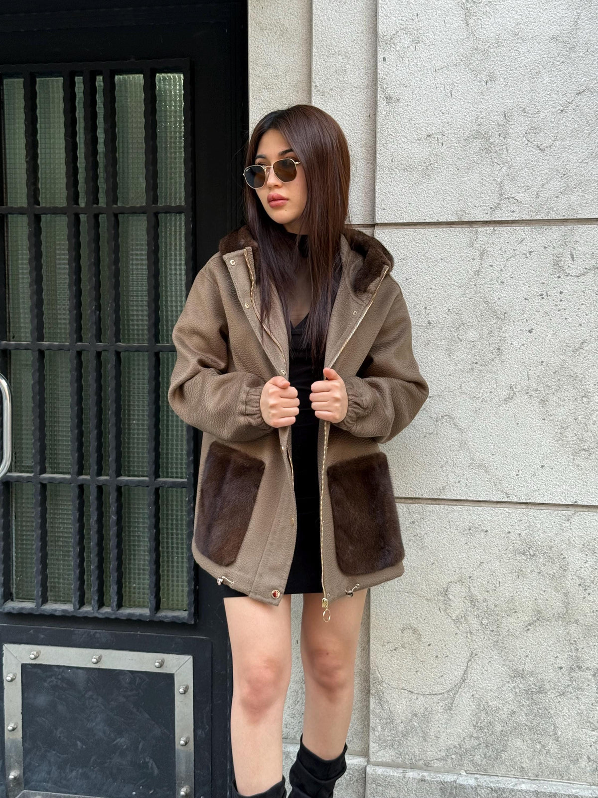 Mause Women’s Zibellino Alpaca Jacket, Handmade Hood Pocket Mink Fur Trim Virgin Wool Coat