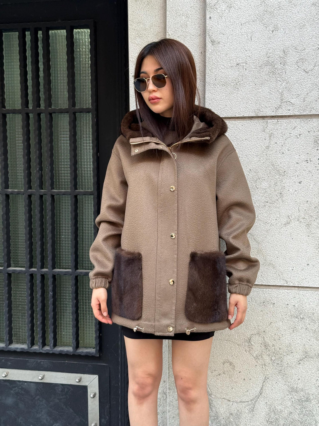 Mause Women’s Zibellino Alpaca Jacket, Handmade Hood Pocket Mink Fur Trim Virgin Wool Coat