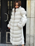 White Long Fox Fur Coat, Luxury Women’s Fur Cashmere Trim Jacket