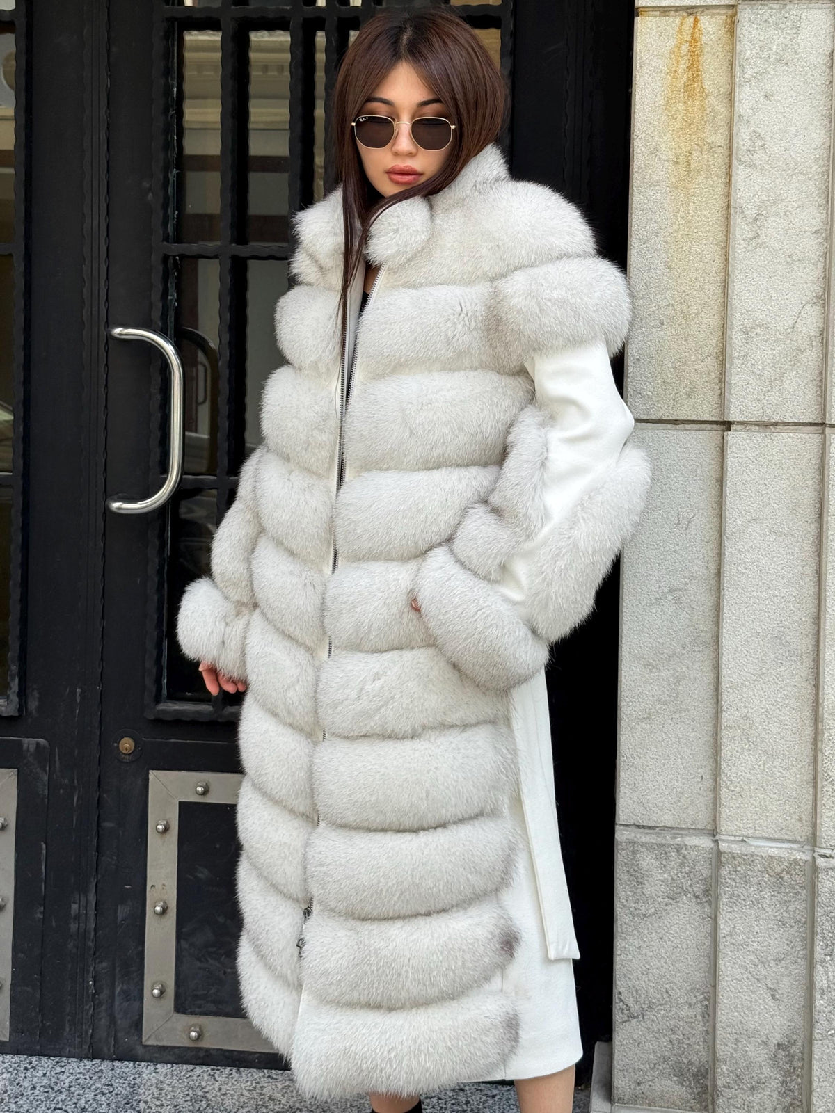 White Long Fox Fur Coat, Luxury Women’s Fur Cashmere Trim Jacket