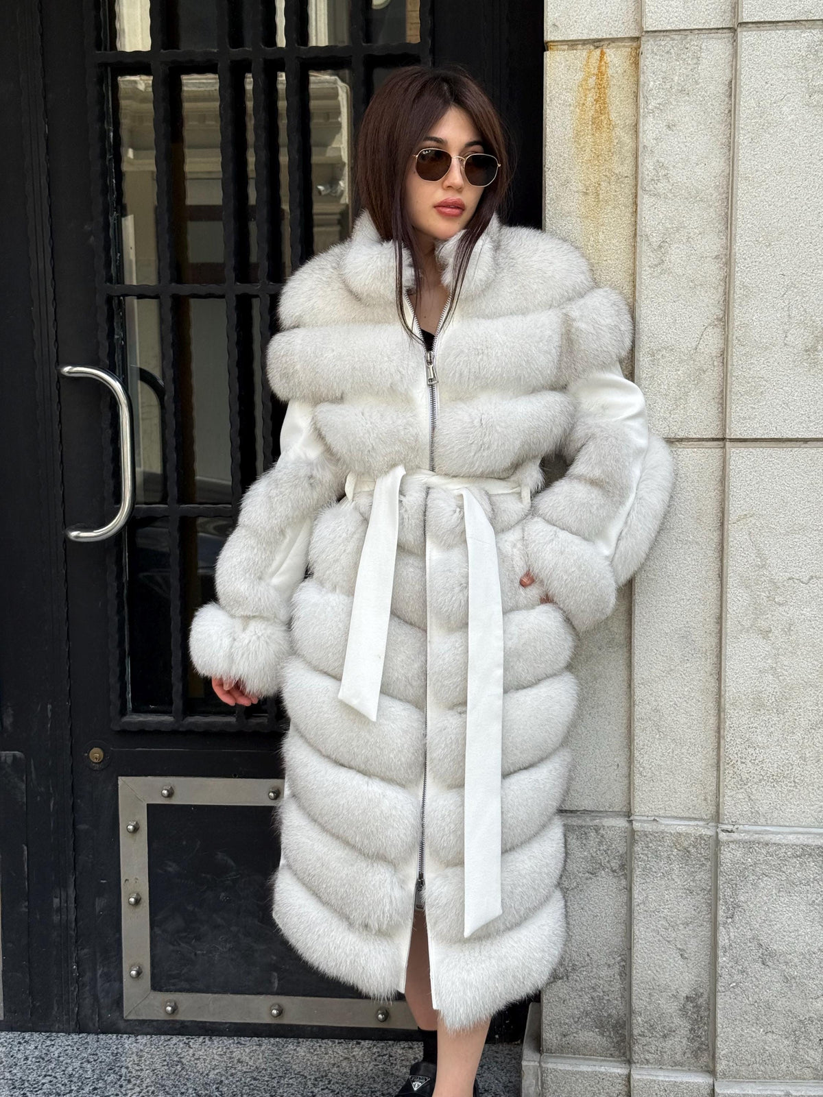 White Long Fox Fur Coat, Luxury Women’s Fur Cashmere Trim Jacket