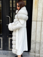 White Long Fox Fur Coat, Luxury Women’s Fur Cashmere Trim Jacket