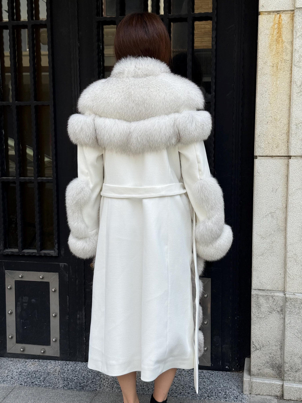 White Long Fox Fur Coat, Luxury Women’s Fur Cashmere Trim Jacket