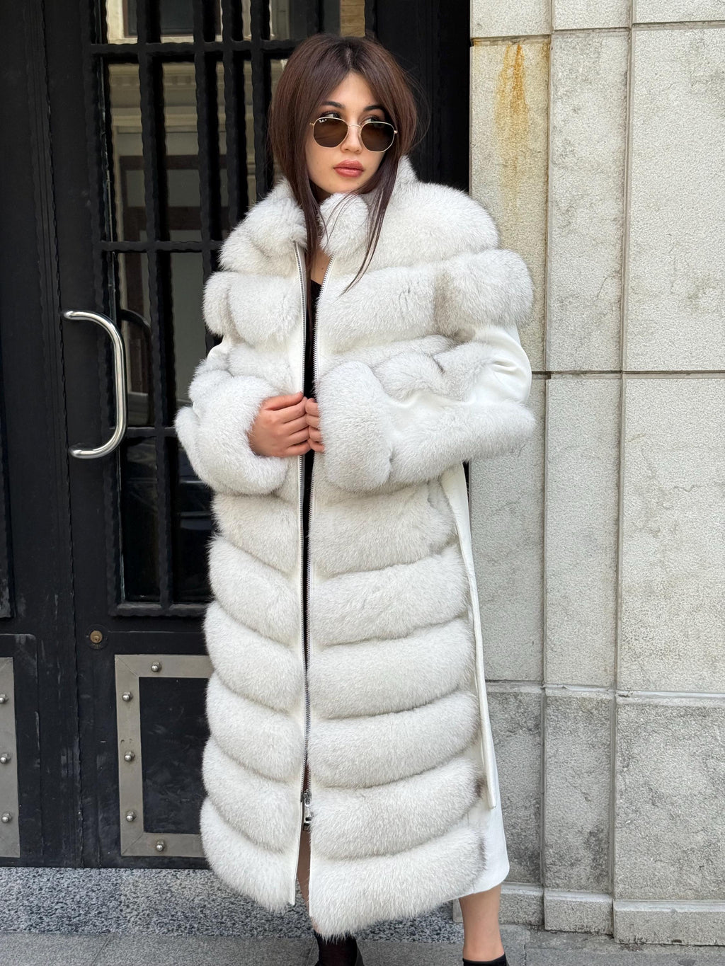 White Long Fox Fur Coat, Luxury Women’s Fur Cashmere Trim Jacket