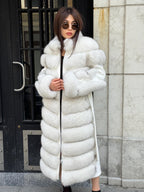White Long Fox Fur Coat, Luxury Women’s Fur Cashmere Trim Jacket