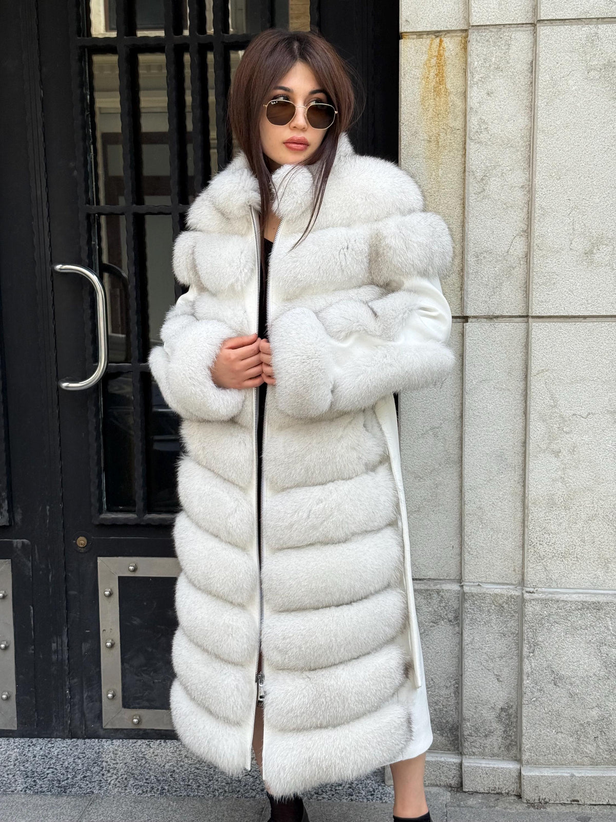 White Long Fox Fur Coat, Luxury Women’s Fur Cashmere Trim Jacket
