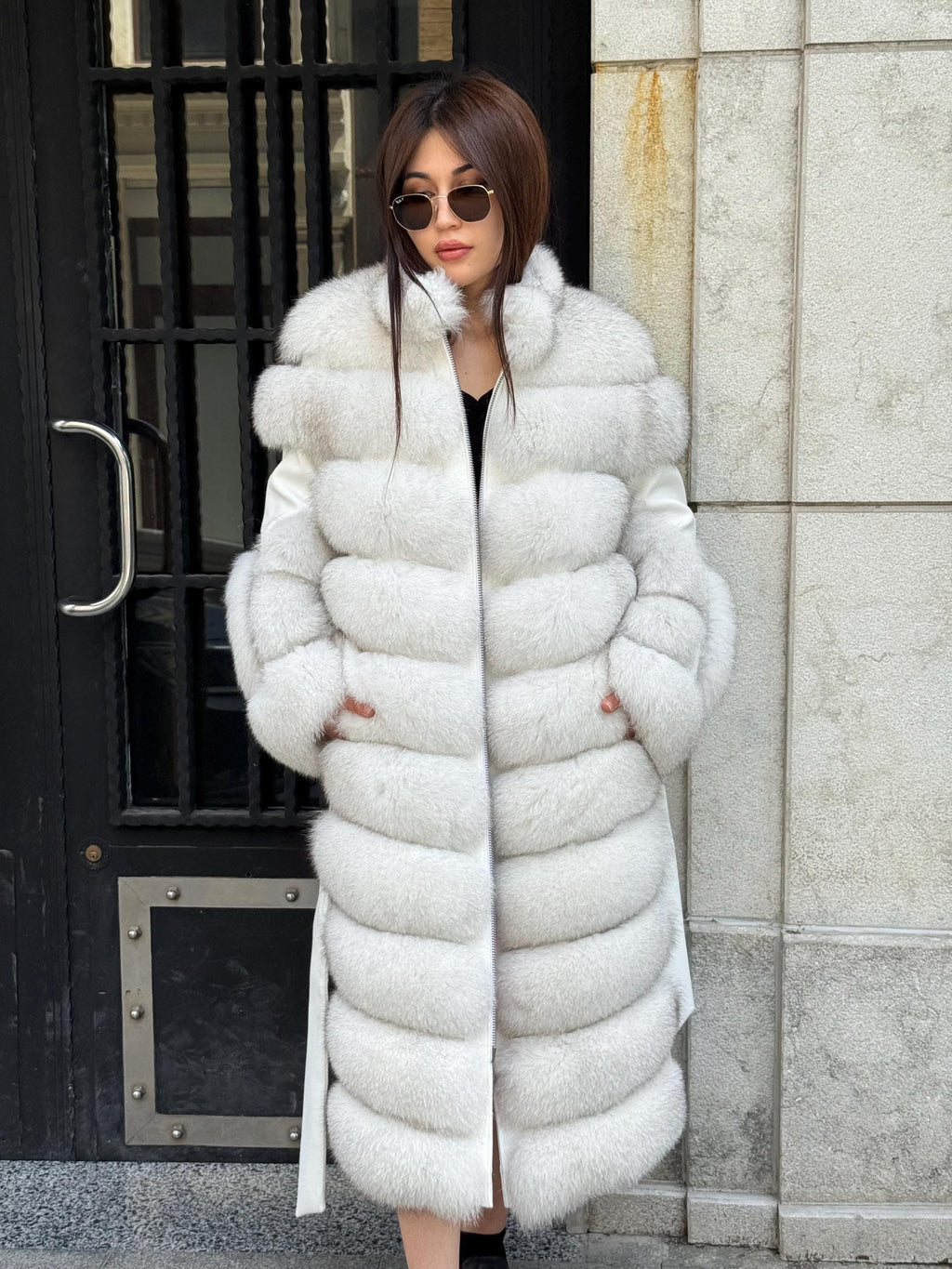 White Long Fox Fur Coat, Luxury Women’s Fur Cashmere Trim Jacket