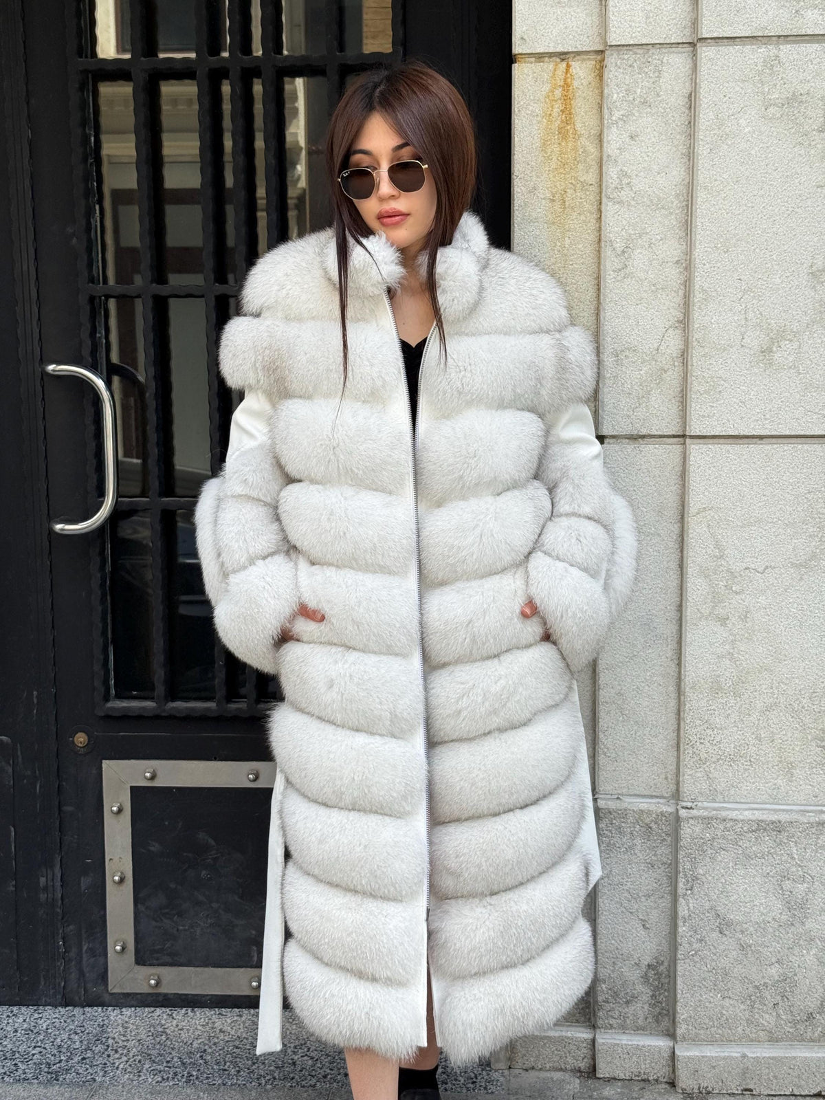 White Long Fox Fur Coat, Luxury Women’s Fur Cashmere Trim Jacket