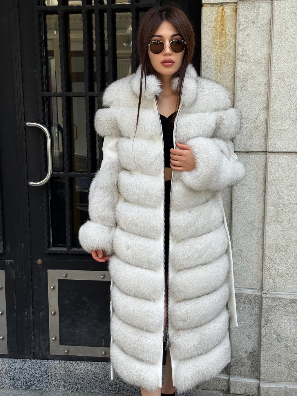 White Long Fox Fur Coat, Luxury Women’s Fur Cashmere Trim Jacket