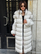 White Long Fox Fur Coat, Luxury Women’s Fur Cashmere Trim Jacket