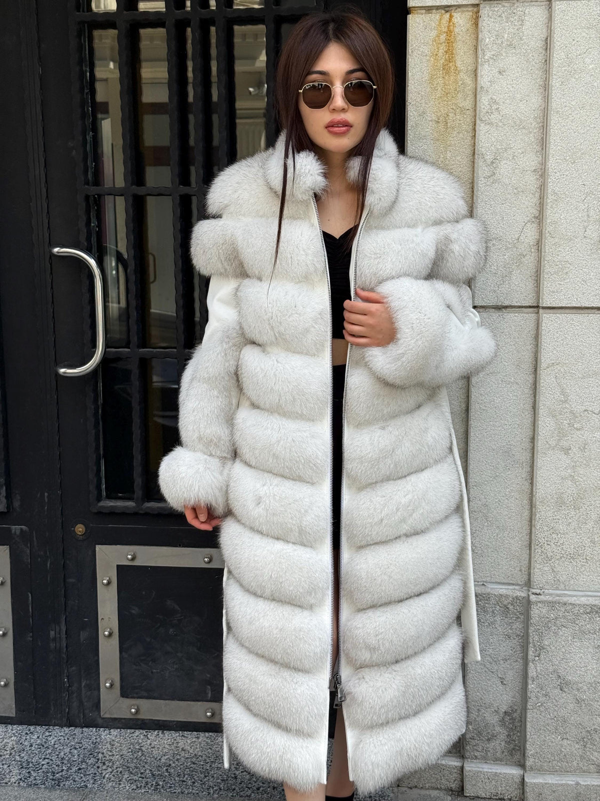 White Long Fox Fur Coat, Luxury Women’s Fur Cashmere Trim Jacket
