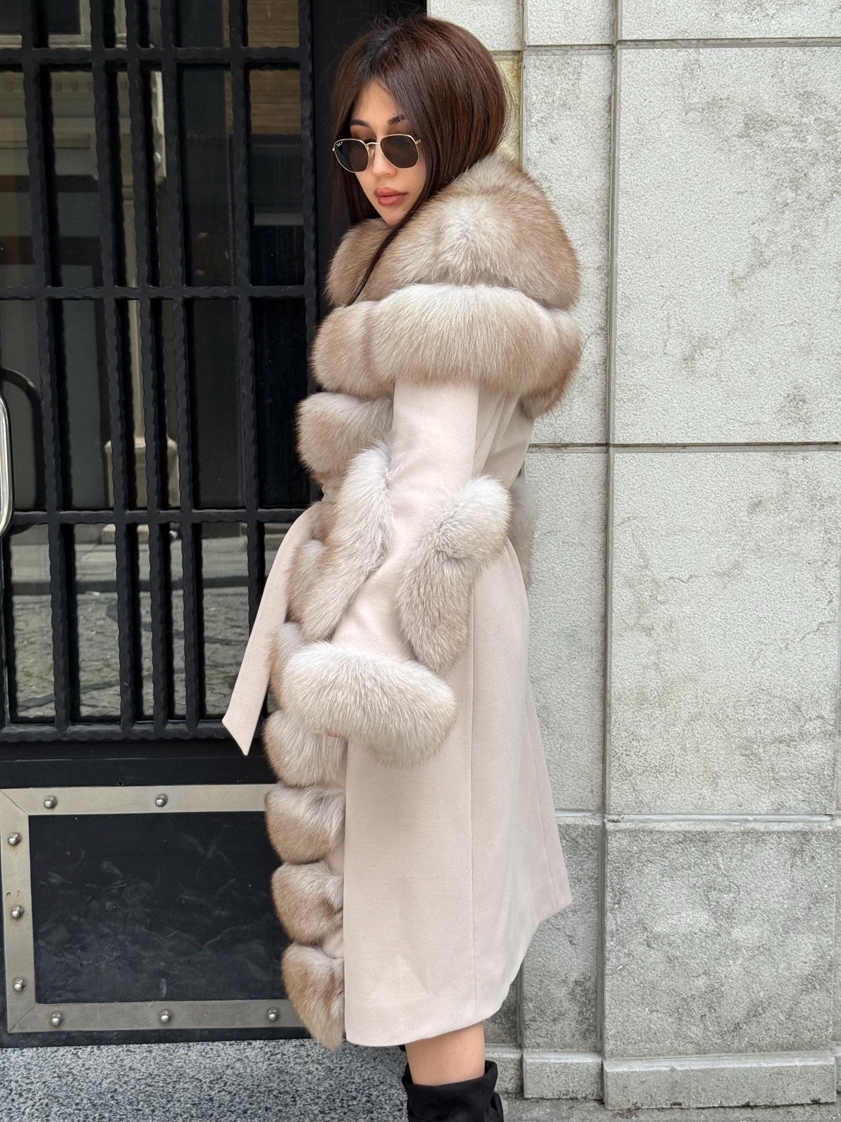 Beige Long Fox Fur Coat, Luxury Women’s Fur Cashmere Trim Jacket