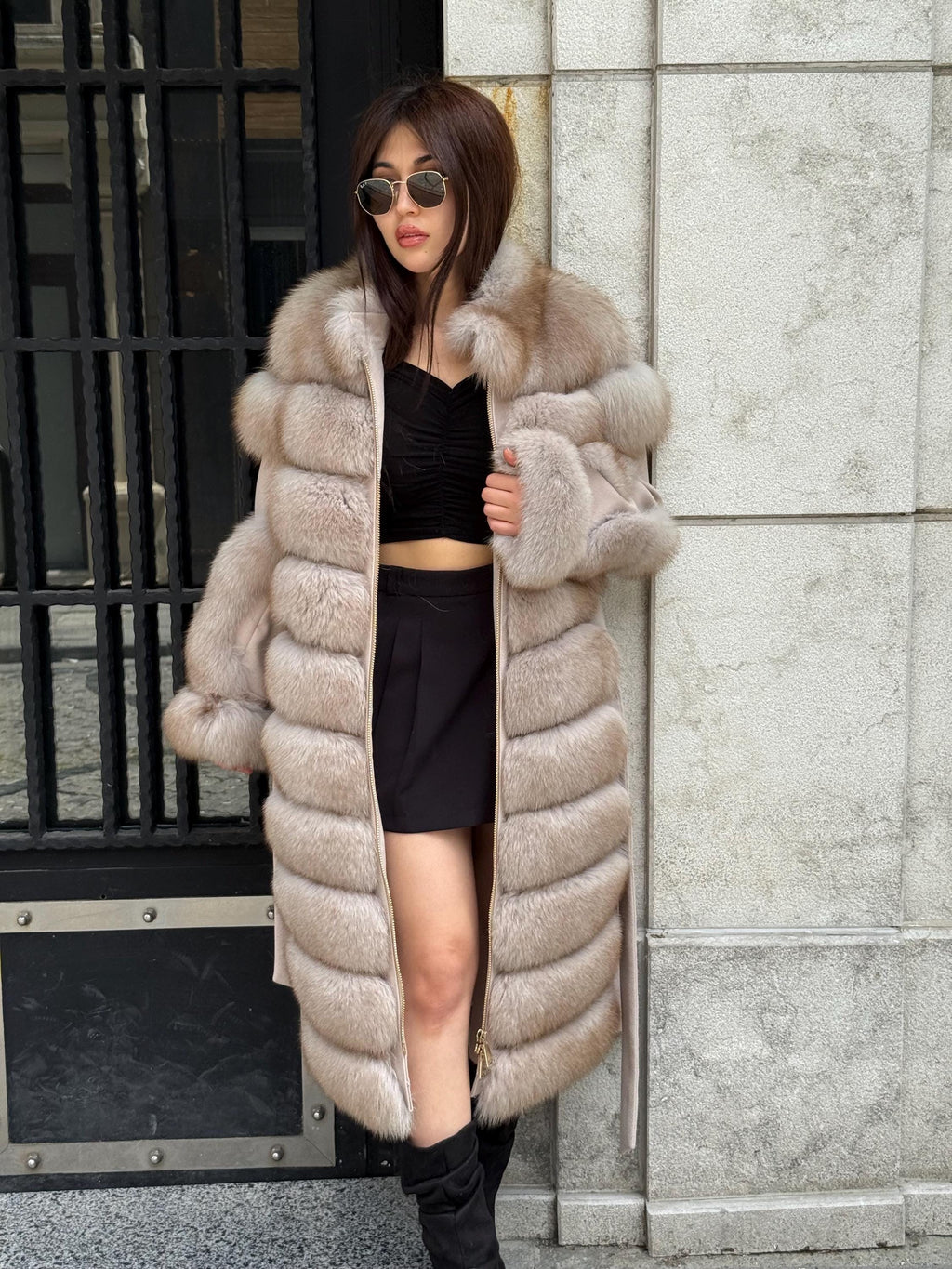 Beige Long Fox Fur Coat, Luxury Women’s Fur Cashmere Trim Jacket