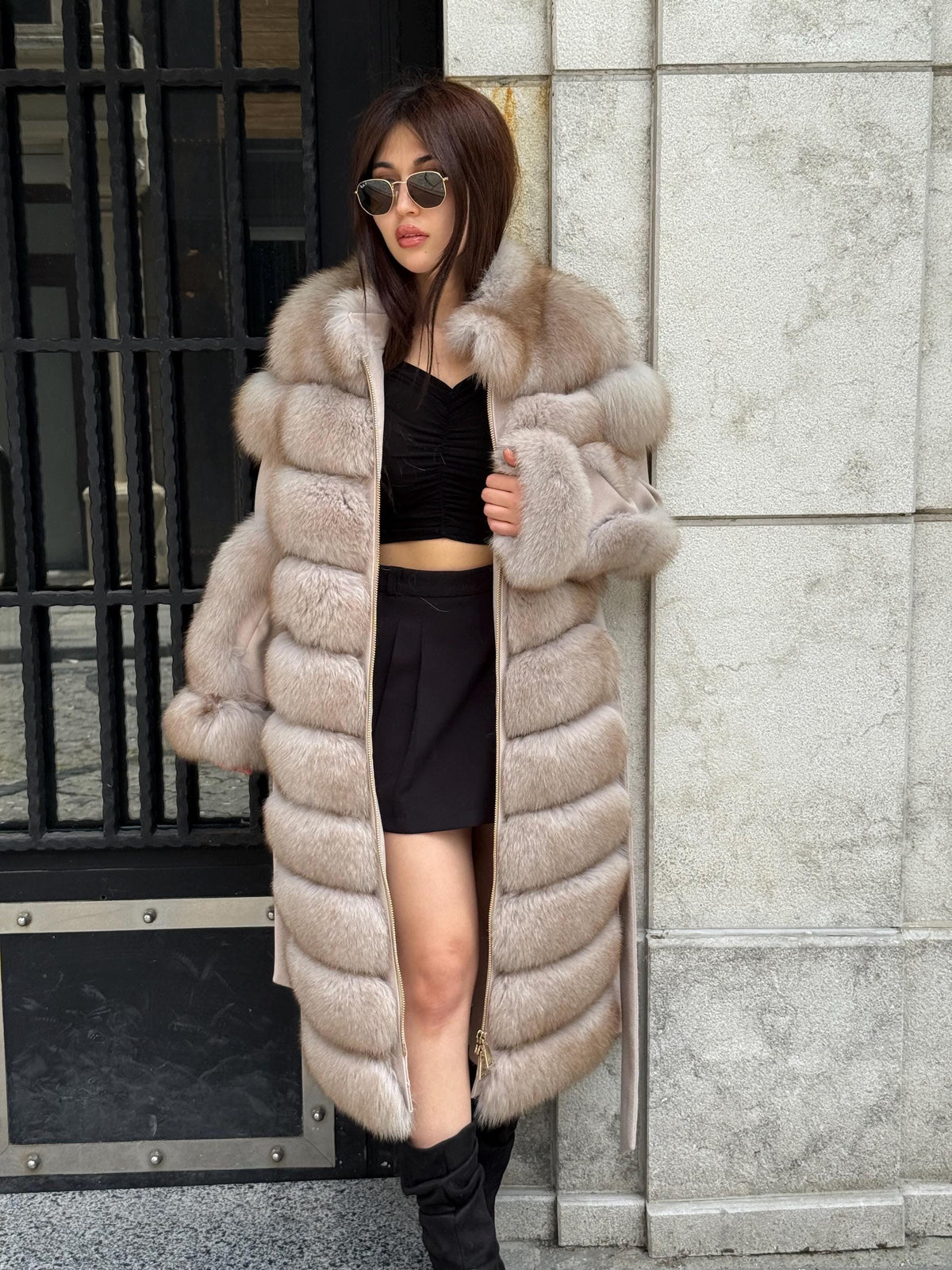 Beige Long Fox Fur Coat, Luxury Women’s Fur Cashmere Trim Jacket