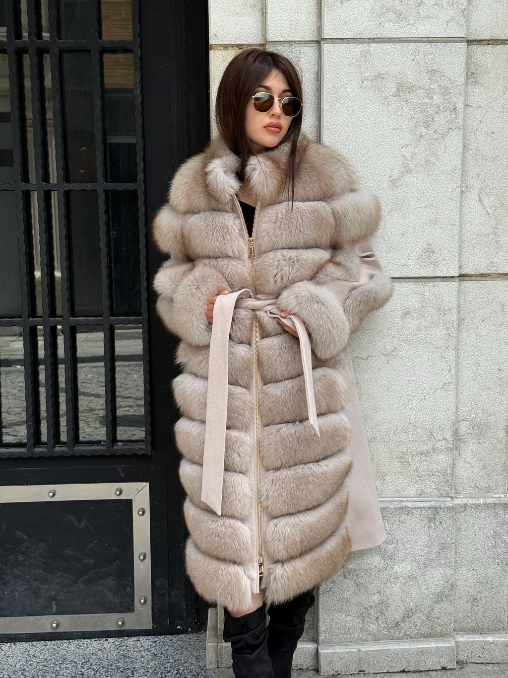 Beige Long Fox Fur Coat, Luxury Women’s Fur Cashmere Trim Jacket