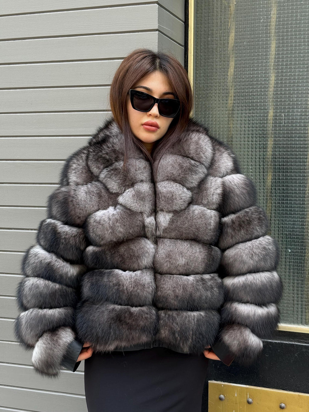 Women’s Gray Fox Fur Jacket, Luxury Handmade Short Fur Coat